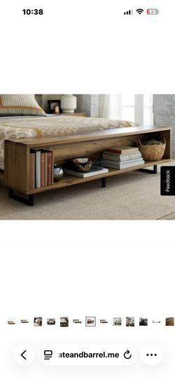 Crate and Barrel Atwood queen bed with bookcase