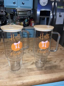2 large glass/bamboo pumpkin tumblers
