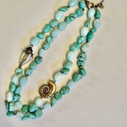 Lucky brand double strand turquoise necklace with two metal shells 19 inches in length