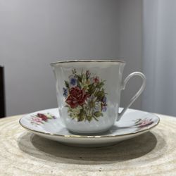 Grace By Lynns China Demitasse Petite Cup & Saucer Set Pink Roses Green Border
