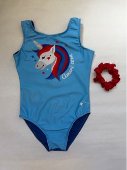 Size 6 (Child Small) Destira Unicorn “Ameri-corn” Gymnastics Leotard w/ Scrunchie