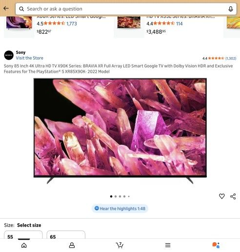 Sony 85 inch 4k full array led tv like new XR 85X90K $800