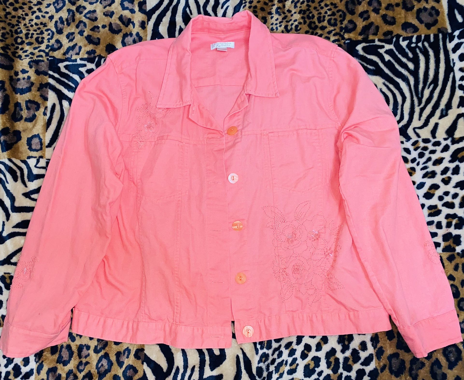 WOMENS🌼🌷CHRISTOPHER&BANKS🌷🌼PEACH🍑PINK🌸DENIM SIZE LARGE LONG SLEEVE SEQUINED✨BUTTON UP JACKET