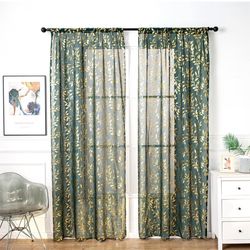 Sheer Curtains 63 Inches Length 2 Panels Set, Christmas Decorations Gold Foil Metallic Leaves Print Window Treatments 