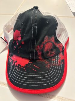 official promotional white and black mesh-back trucker snapback cap for Gears of War 3, featuring a red graphic print on the front/brim area and the G