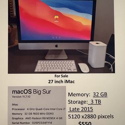 iMac 27” MacOS Big Sur, Keyboard, Mouse, Airport Backupl