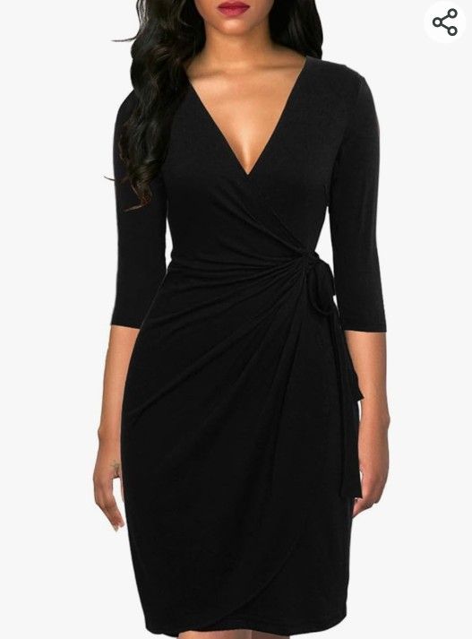Berydress Women's Classic 3/4 Sleeve V Neck Sheath Casual Party Work Faux Black Wrap Dress