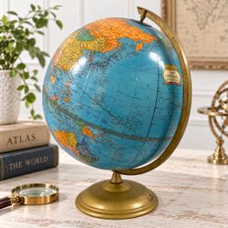 Vintage Cram’s Imperial 12” World Globe Blue Ocean Gold Metal Stand USA