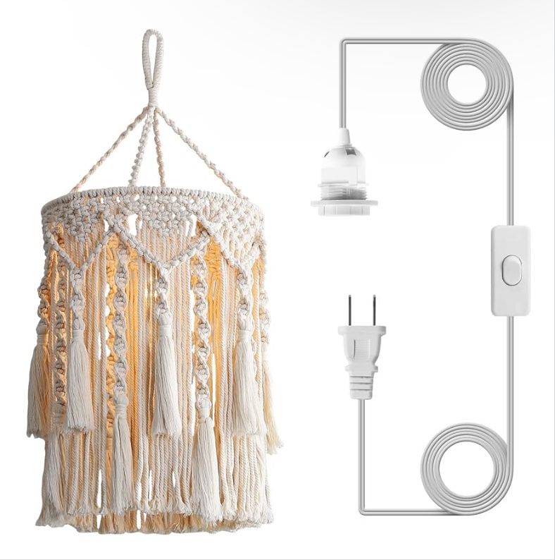 Boho Lamp Shade,Boho Hanging Lamp Handmade Macrame Lamp Shade Plug in Pendant Light