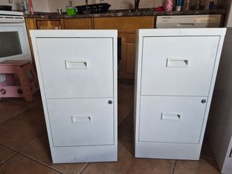 Pair of White 2-Drawer Metal Filing Cabinets