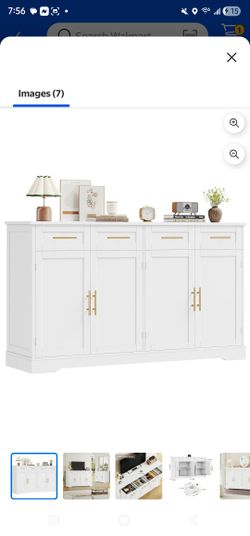 Homfa Modern Buffet Cabinet with 4 Drawers and 4 Doors, 59" W Sideboard Buffet Storage Cabinet with Shelves, for Kitchen Living Room Bedroom, White