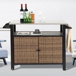 Outdoor Wicker Rolling Bar Cart with Wheels, Storage Cabinet & Stainless Steel Table Top for Garden 