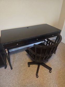Dark Brown Wood Office Desk, Chair, Filing Cabinets