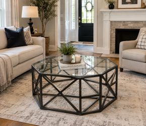 Modern Geometric Glass Coffee Table – Black Metal Frame
