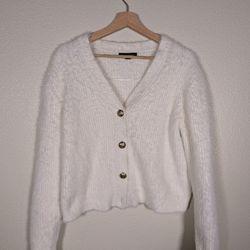Banana Republic White Faux Fur Cardigan With Gold Buttons