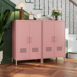 Set of 2, Metal Storage Cabinet with Vented Doors, Metal Sideboard Cabinet with 2 Adjustable Shelves, Freestanding Pink Accent Locker