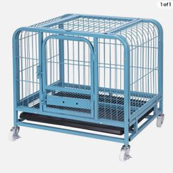 Heavy Duty Dog Crate Cage Strong Blue  Metal Dog Kennel with Lockable Wheels and Tray for Indoor