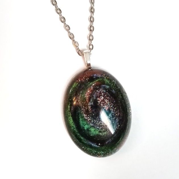 Multicolor color shift galaxy swirl oval pendant on silver necklace new resin