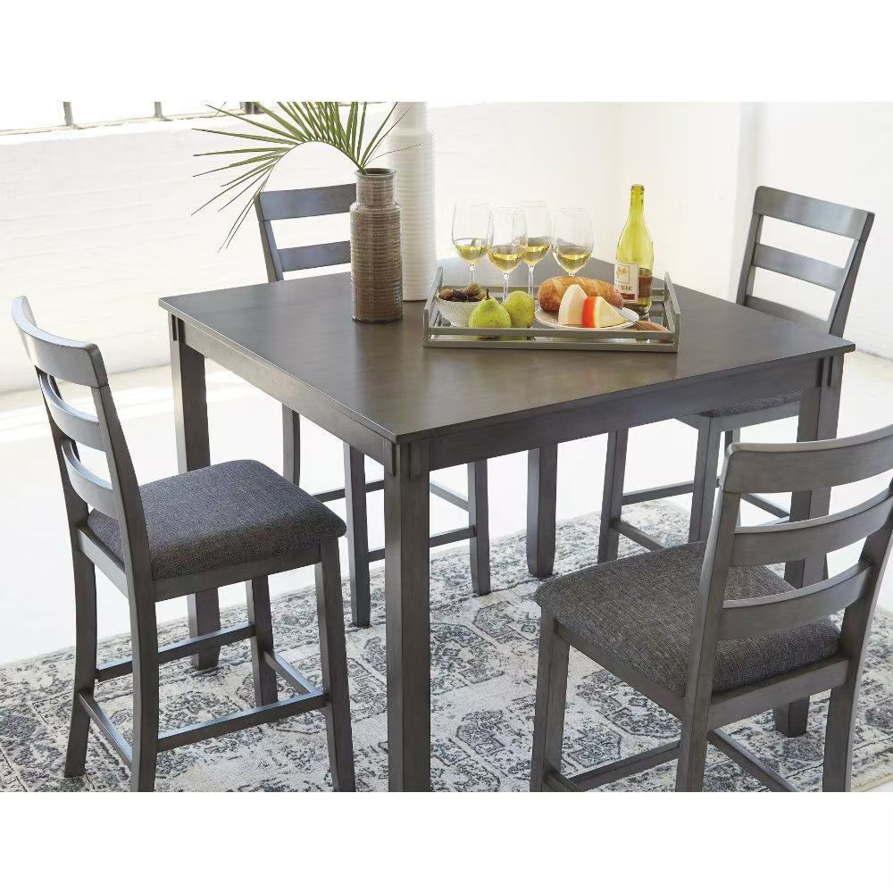 5-Piece Counter Height Dining Set - Gray Wood Table with 4 Upholstered Bar Stools,$180