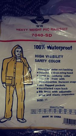 Rain coat and pants 3xL size brand new. I have 3 of them.