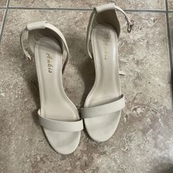 Nude color open toe high heels