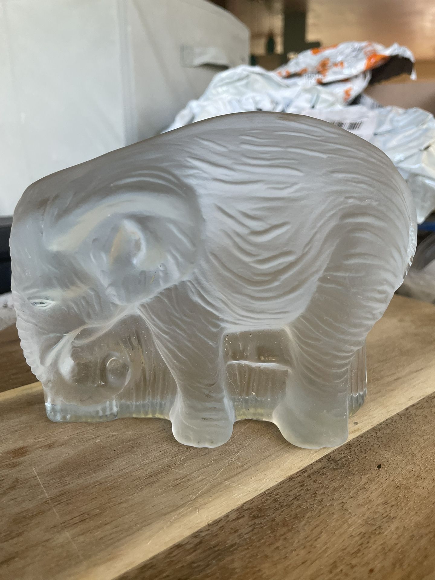 Vintage Viking Clear Frosted Glass Elephant Paperweight Figurine With Label