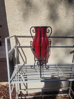 Red Glass Vase with Black Scrollwork Metal Frame