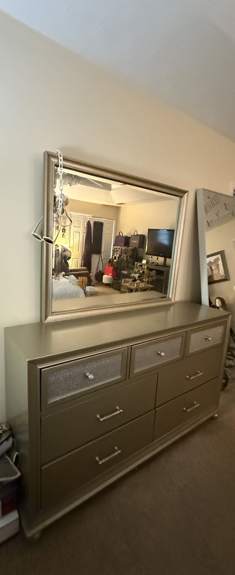 Glamorous Silver Dresser With Mirror & Nightstands