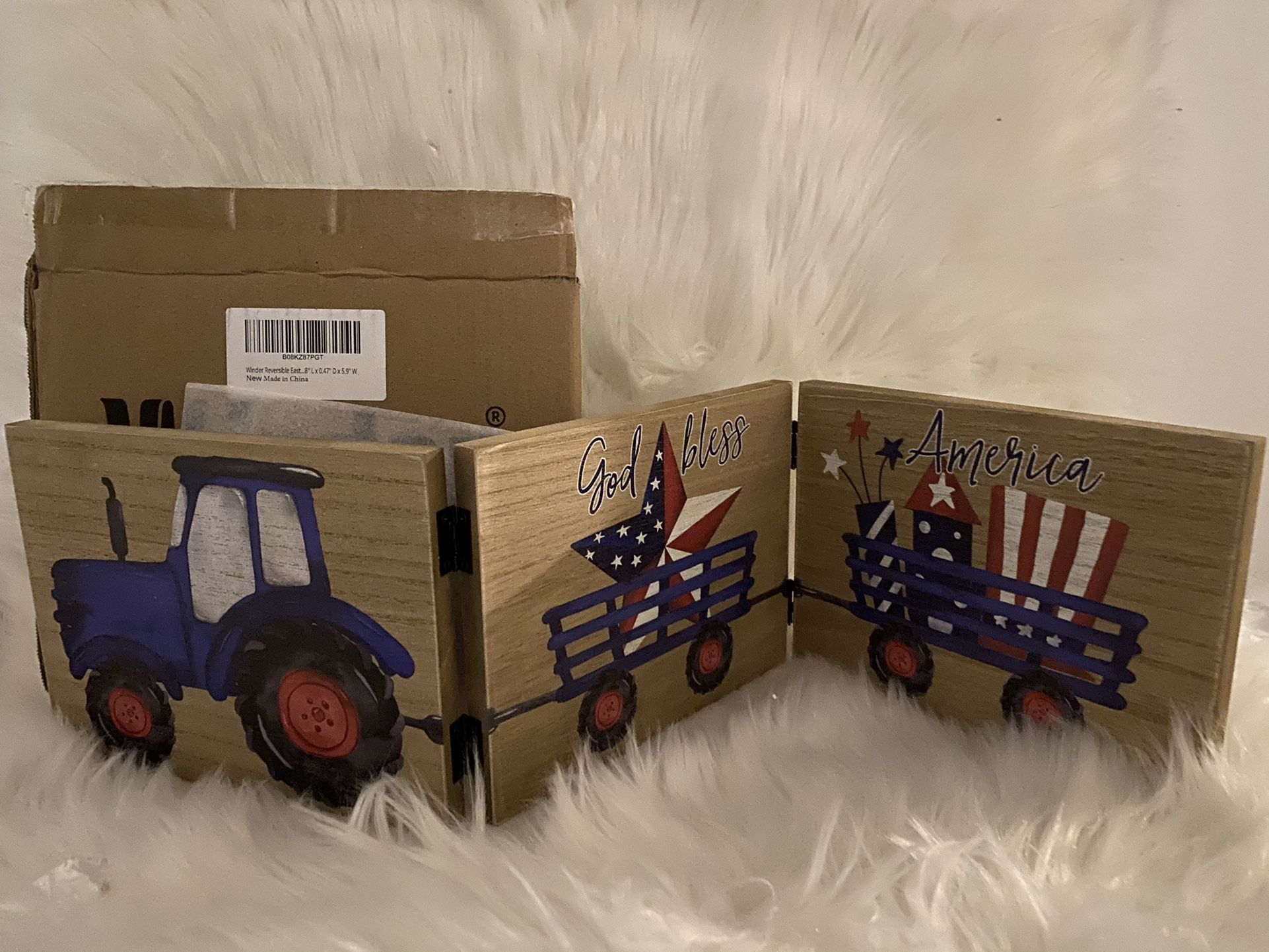 Rustic Home Sign Farmhouse Interchangeable Holiday Spring Summer Desk Table Decor-Seasonal Reversible Happy Easter/God Bless America 4th of July Woode