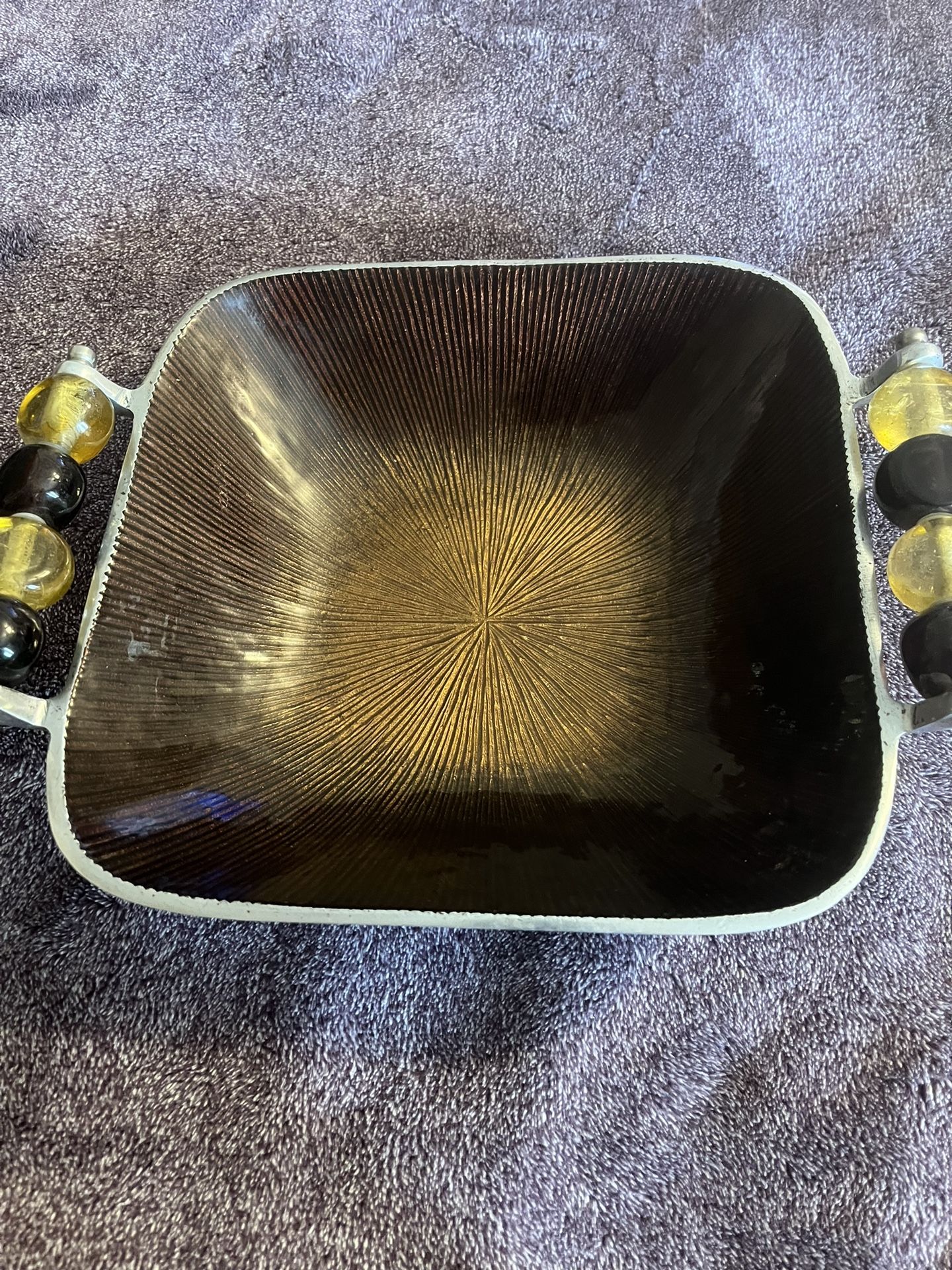 Pewter and enamel bowl approximately 10 inches square 4 inches deep.