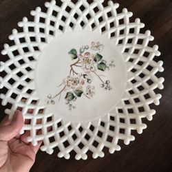 EAPG Challinor Taylor Milk Glass Lattice Edge 1880s  Victorian Vintage Dogwood Reticulated Plate