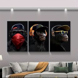 3pcs Canvas Wall Art Listen To Music Gorilla Wall Decor, For Living Room Bar Pub Canvas Print