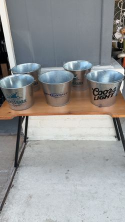 Five Galvanized One Gallon Buckets, Bud Light Coors Light,3 LANDSHARK