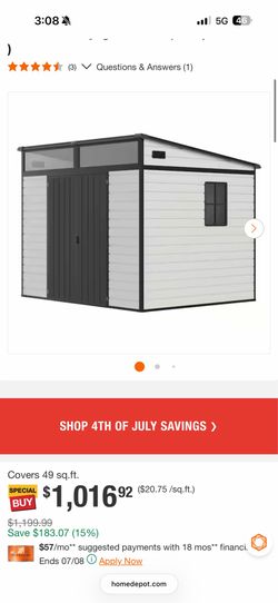 Outdoor 7 ft. W x 7 ft. D Resin Storage Shed with Floor, Double Doors and Skylight Panels $470