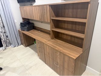 Office desk with drawers, cabinets and 2nd piece large drawers.
