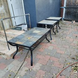 3 outdoor table with tile top pieces. (Some pieces are broken)