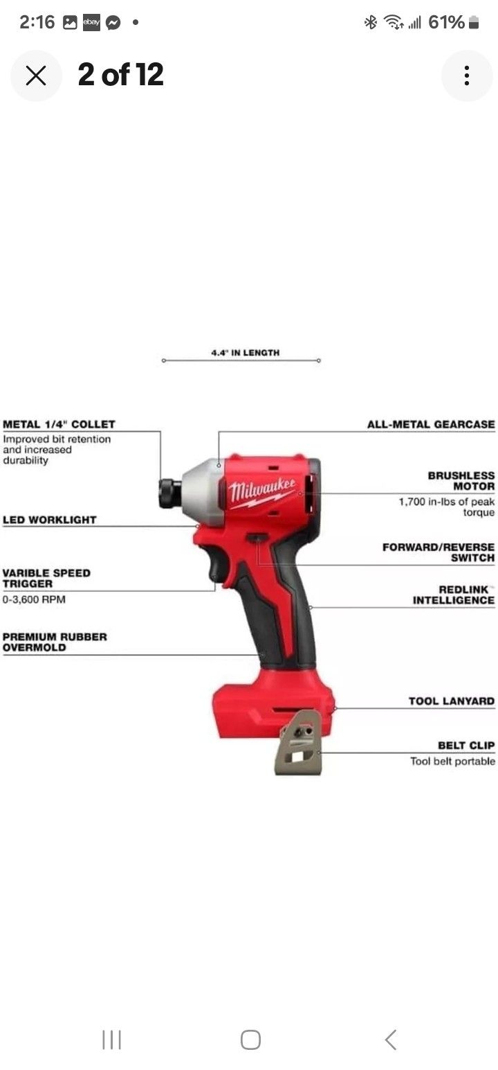 Milwaukee 3650-20 M18 18V Lithium-Ion Brushless Cordless 1/4 In. Compact Impact, NEWEST MODEL, Bare Tool, Brand New