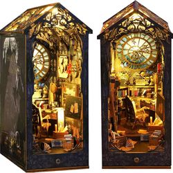 DIY Book Nook Kit Decor - 3D Wooden Puzzle Bookshelf Decor with LED, Bookend Diorama DIY Miniature Dollhouse Kit Crafts Hobbies Gifts for Adults (Dete