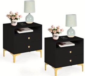 Black Nightstand Set with Gold Legs – Set of 2
