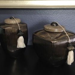 Vintage Two piece decorative jar set with lid and tassel 10” & 9” H