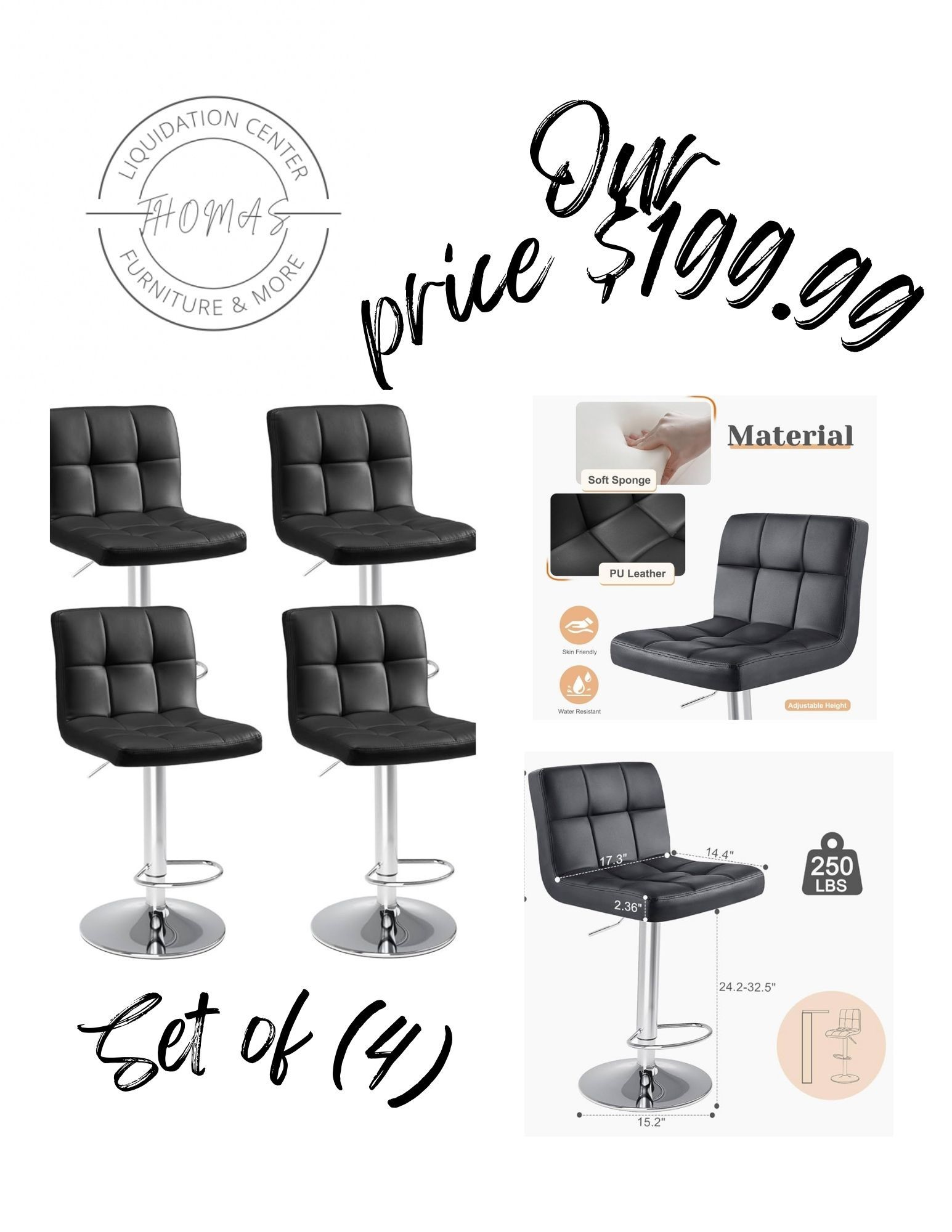 Bar Stools Set Of 4 New Fully Assembled Black Adjustable
