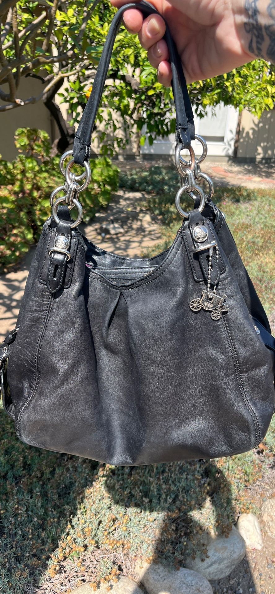 VINTAGE COACH BLACK & PLUM SOFT LEATHER HAND BAG SHOULDER PURSE GENUINE!