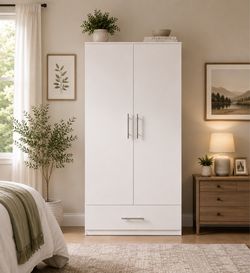 White Two-Door Wardrobe with Bottom Drawer