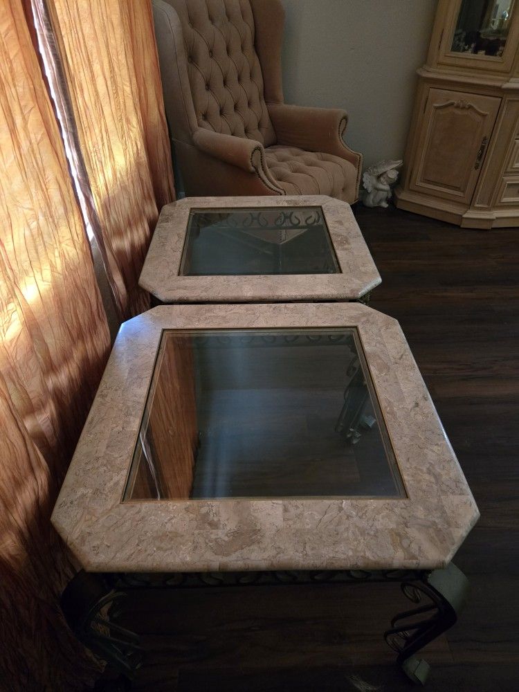 Iron And Marble Style Top W/ Glass End Tables. Set Of 2.