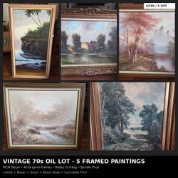 Vintage 70s Framed Oil Painting Lot - 5 MCM Art - Dixon, Bauer, R. Lirette, Beach Boat + Constable