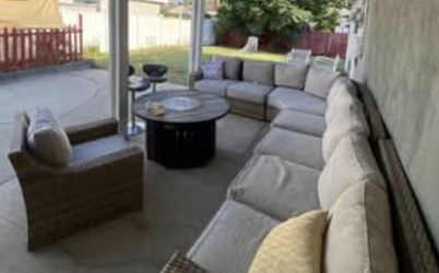 Capri Beige Grey Outdoor 3 Piece 109" Sectional | Suredura Fabric | Deep Seated | Track Arms | Modul