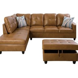 Caramel Leather Sectional Couch 