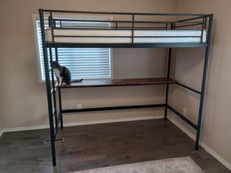 Metal Loft Bed with Built-In Desk and Mattress
