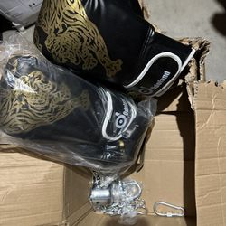 All three sets of brand new boxing bag hooks and boxing gloves are included; brand new and unused.
