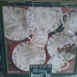 New (Though outer box has wear and tear) 8 Piece Hand Painted Holiday Dessert Set 